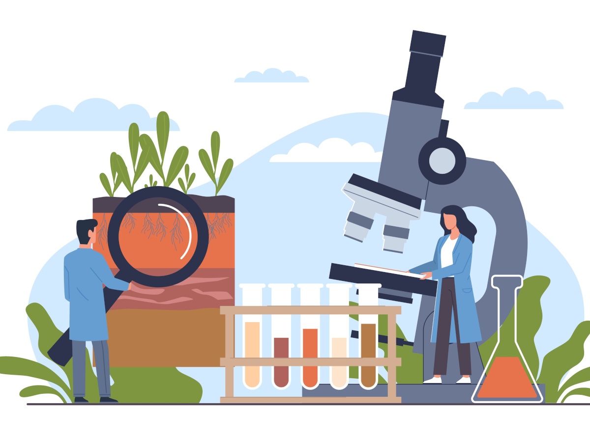 A cartoon man and woman tinkering with large research equipment.