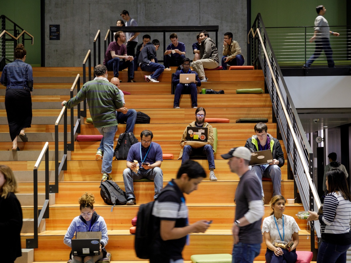 People wearing casual clothes sitting on large wooden steps.
