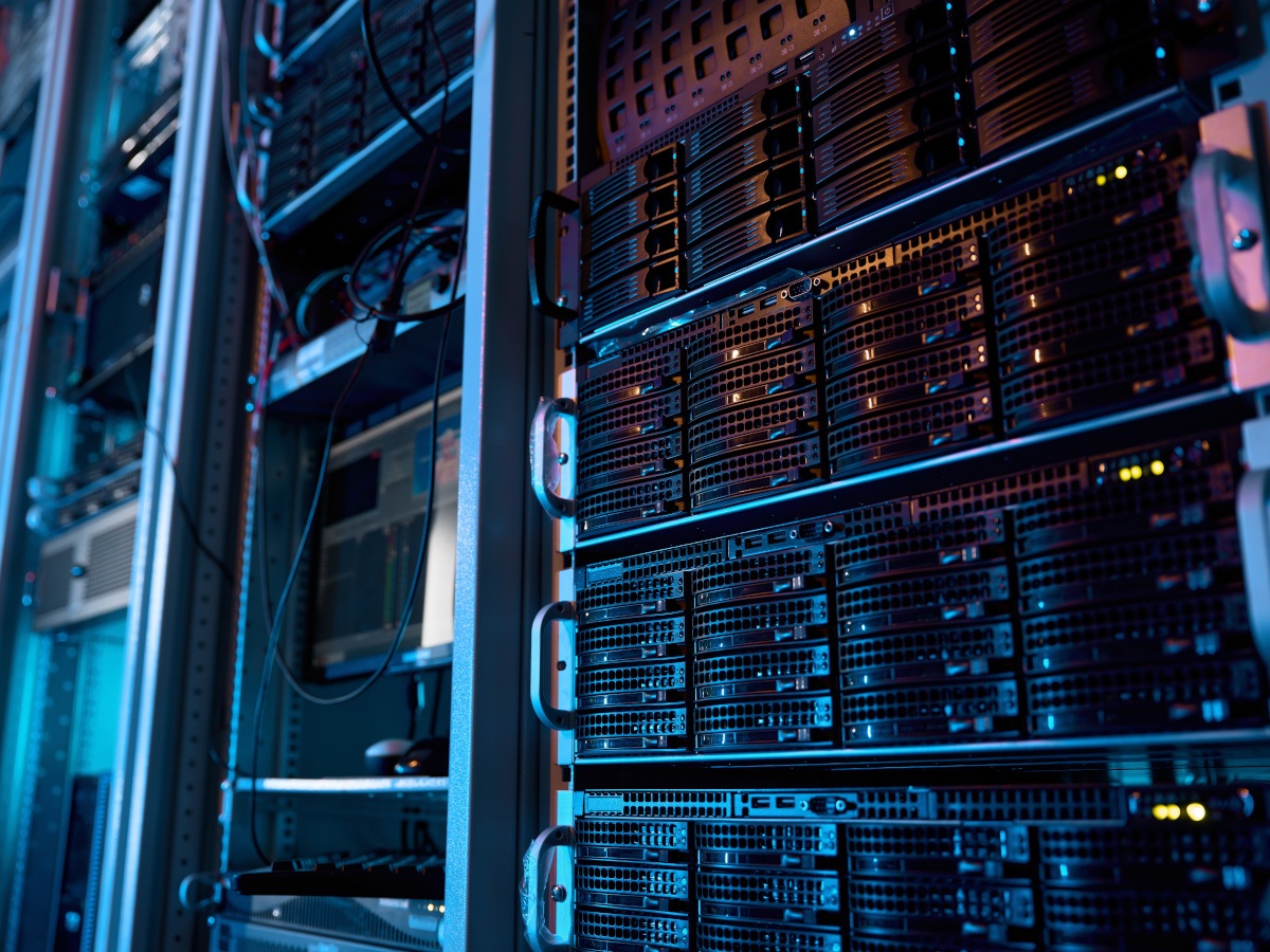 A close up image of a server in a data centre.
