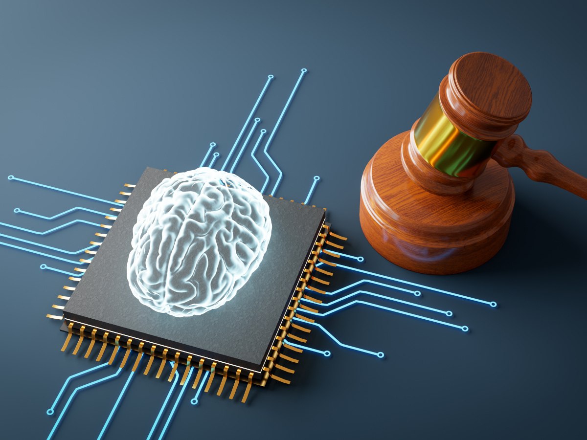 A 3D rendered image of a digital brain overlaid on a computer component while a judge