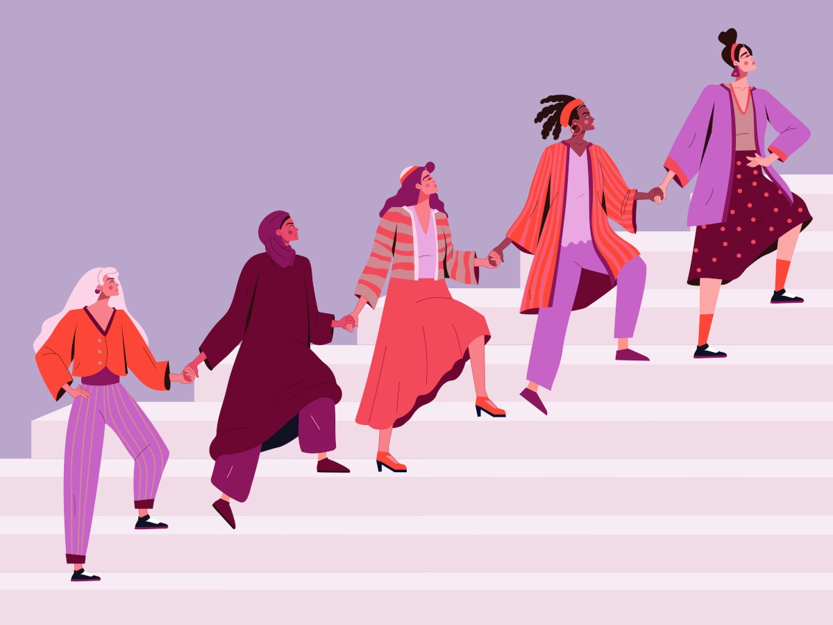 Five racially diverse cartoon women holding hands walking up the steps..