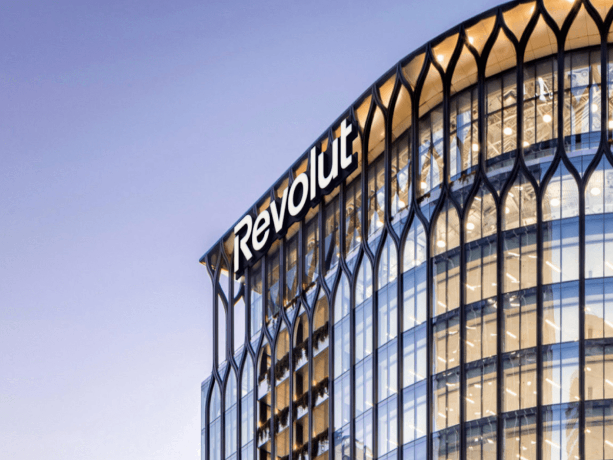 Revolut building with glass panels.