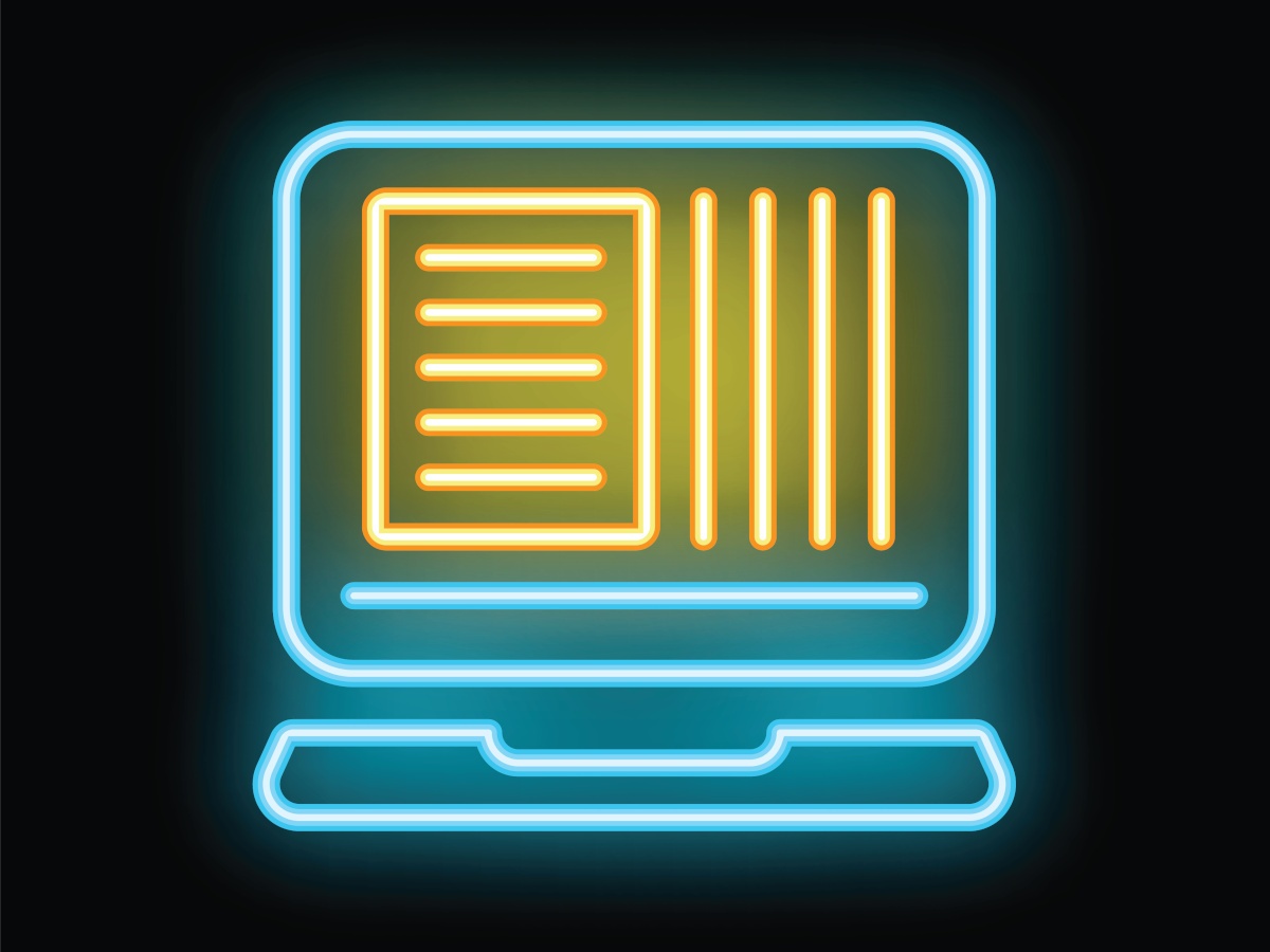 A neon digital vector illustration of blue computer with a yellow spreadsheet featured on the screen.