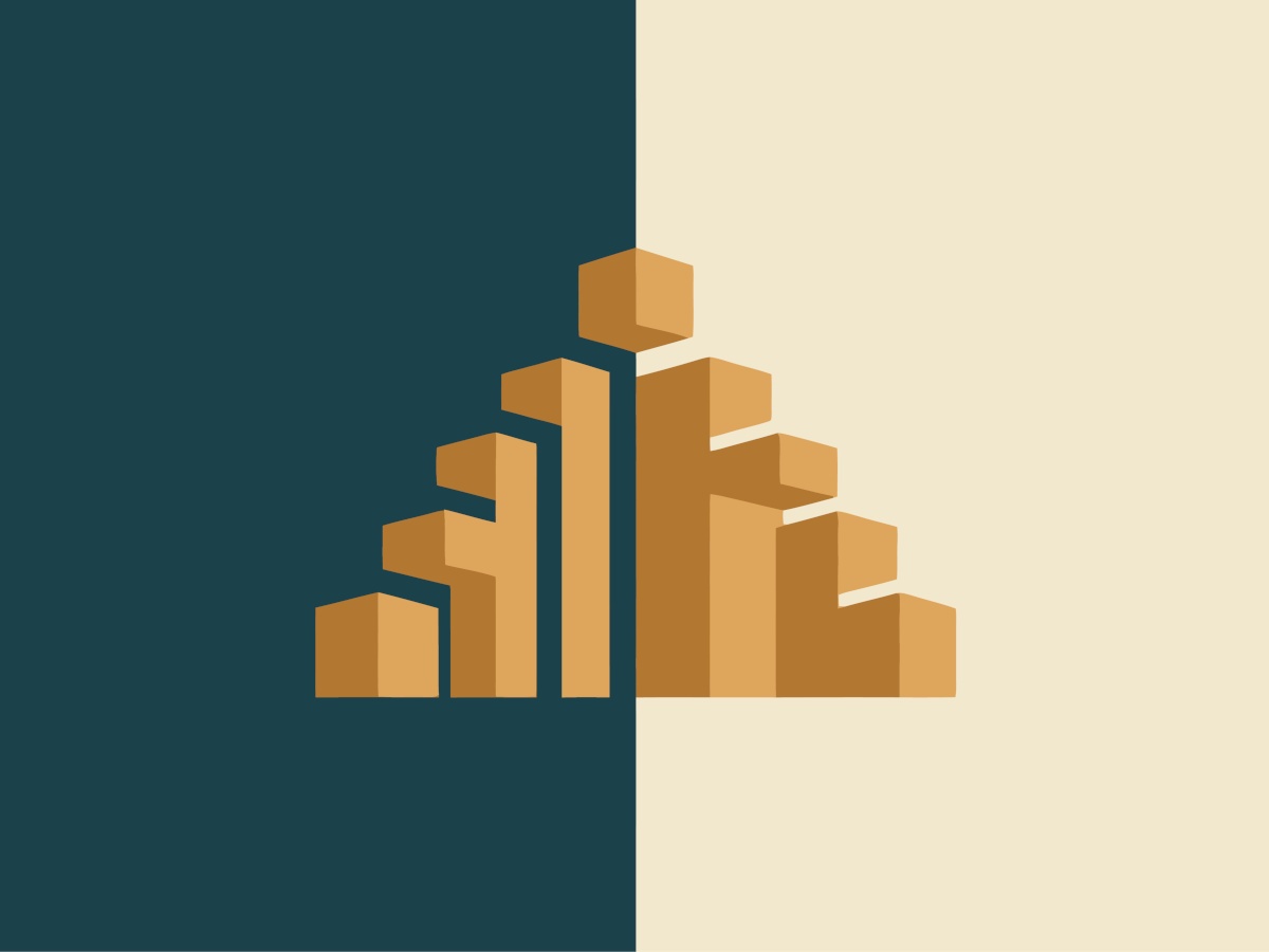 An illustration of two stairs ascending to the same point over a background split by two colours. The steps on the left have more gaps in them than the right.
