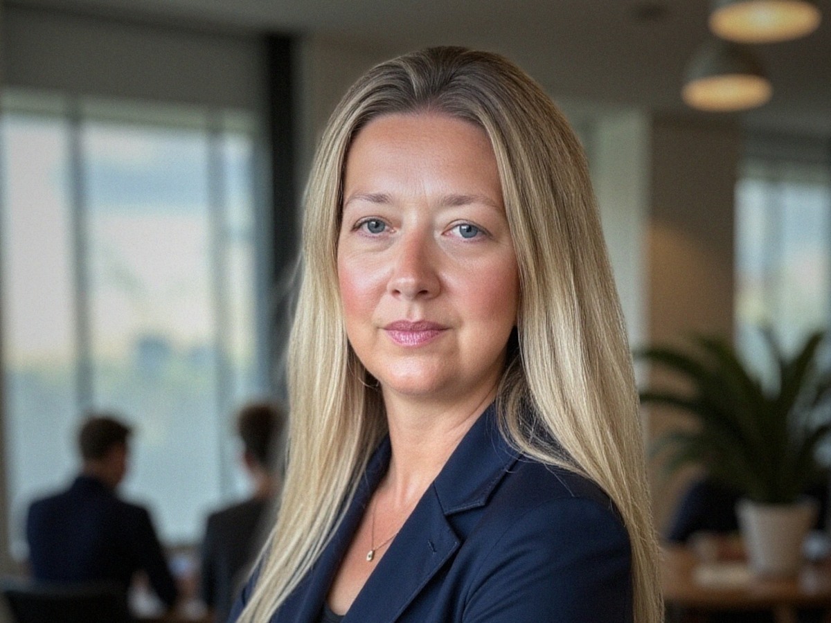 A blond woman in suit looks to camera, in modern office