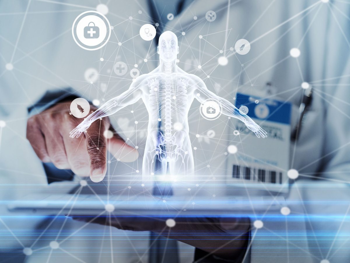 A 3D figure of body emerging from a lab tech