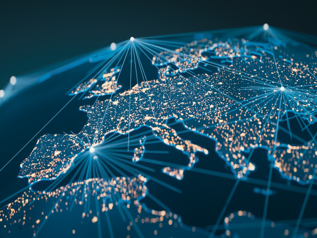 A 3D rendering of satellites above Europe in low Earth orbit.