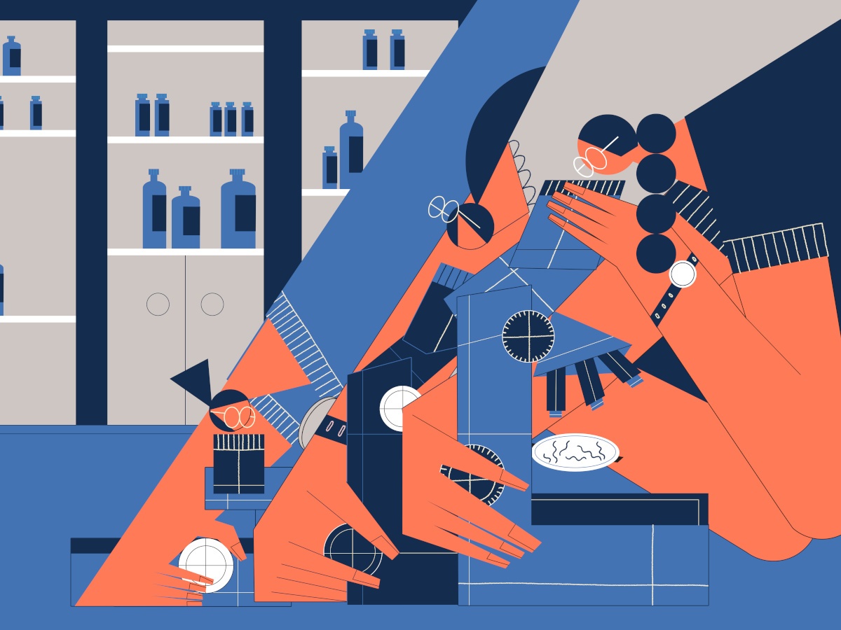 An illustration showing a person looking into a microscope.