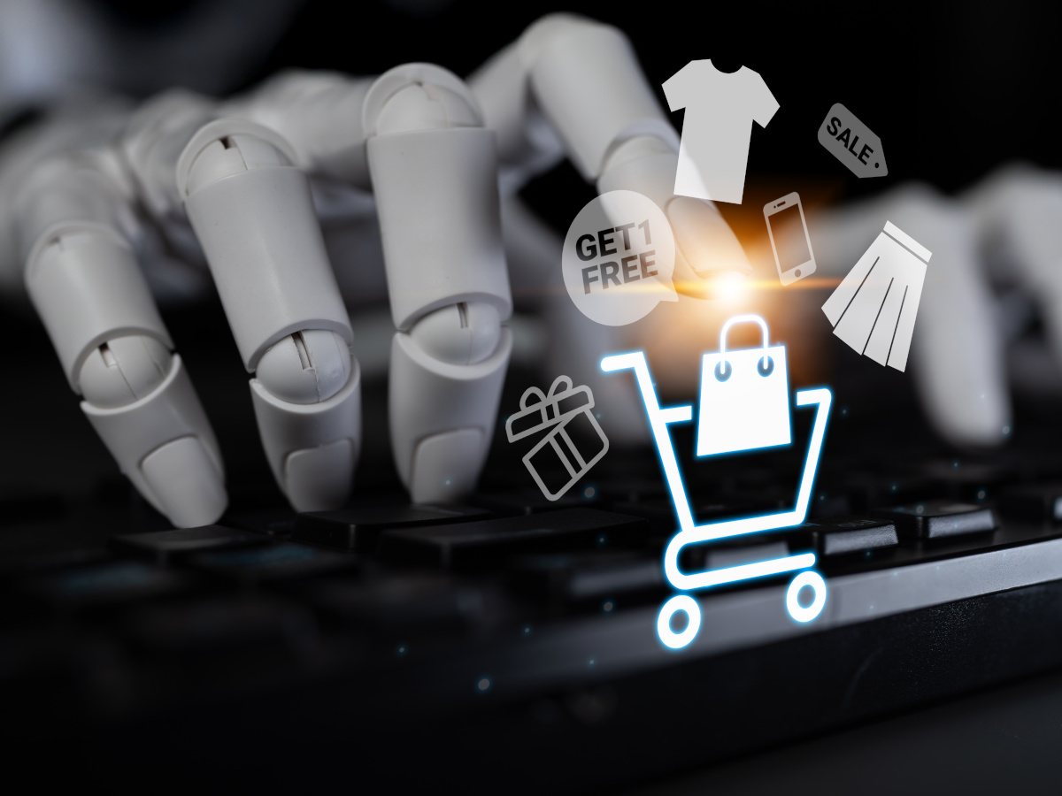 A robot hand is touching a 3D shopping cart sign.