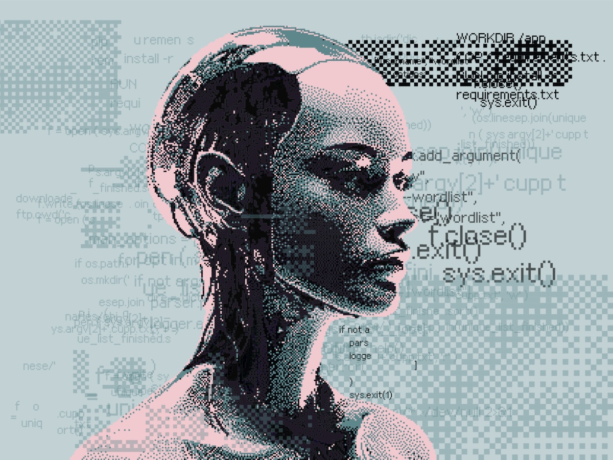 A digital image of a silver humanoid robot with wires at the back of its head, overlaid on a light blue background interspersed with jumbled code and text.