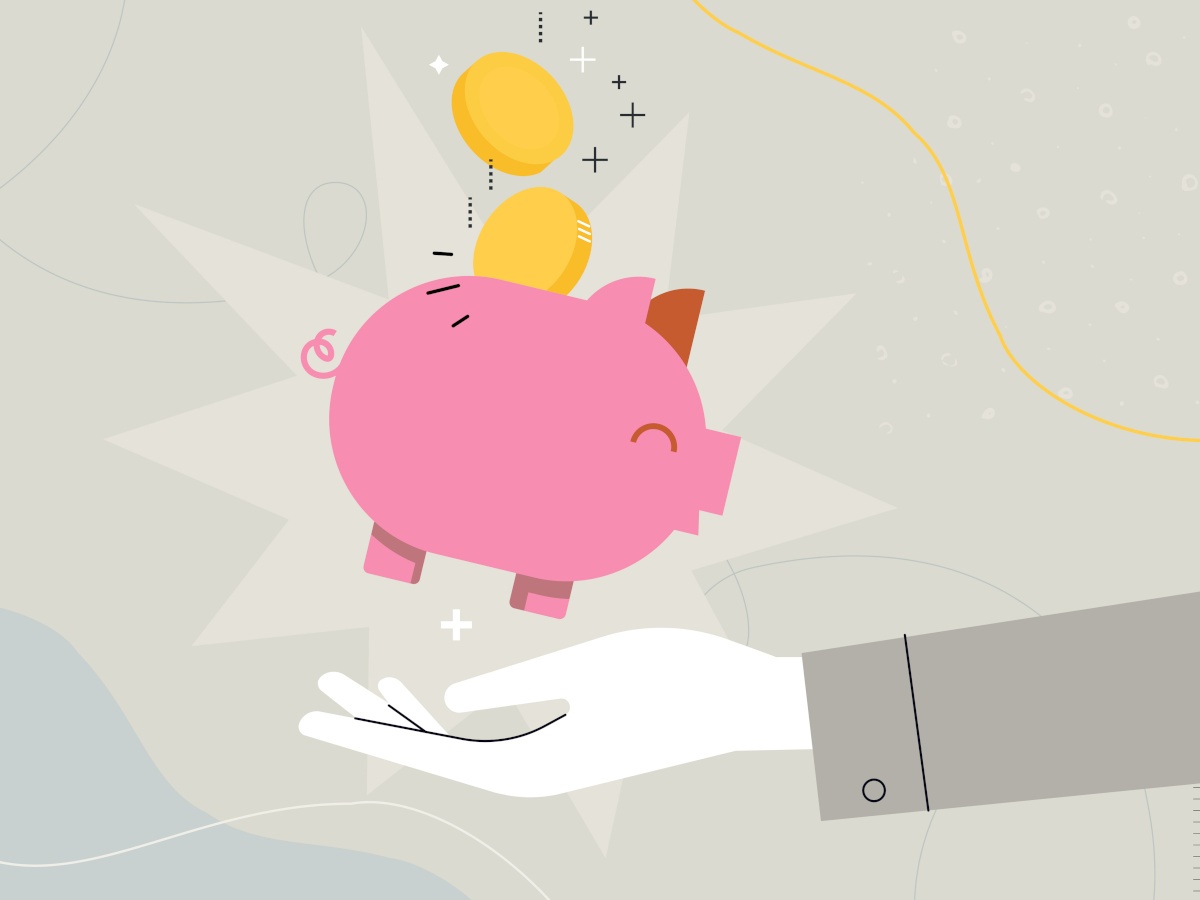 A cartoon mans hand holds a pink piggy bank with gold coins falling into it.