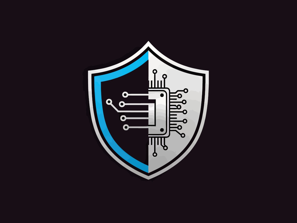 A digital image of a shield symbol split down the middle, with contrasting computing symbols on either side.