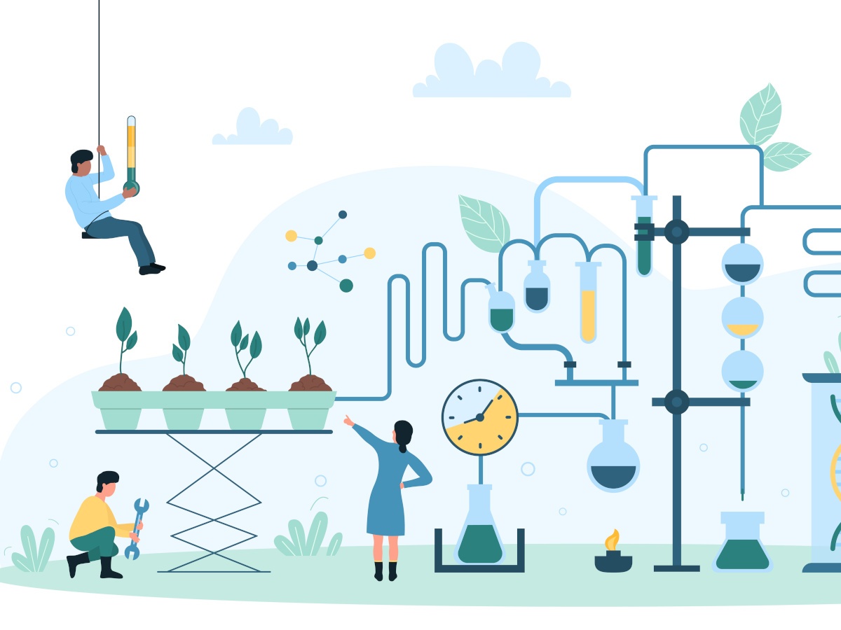 Cartoon people work on large research projects outdoors.