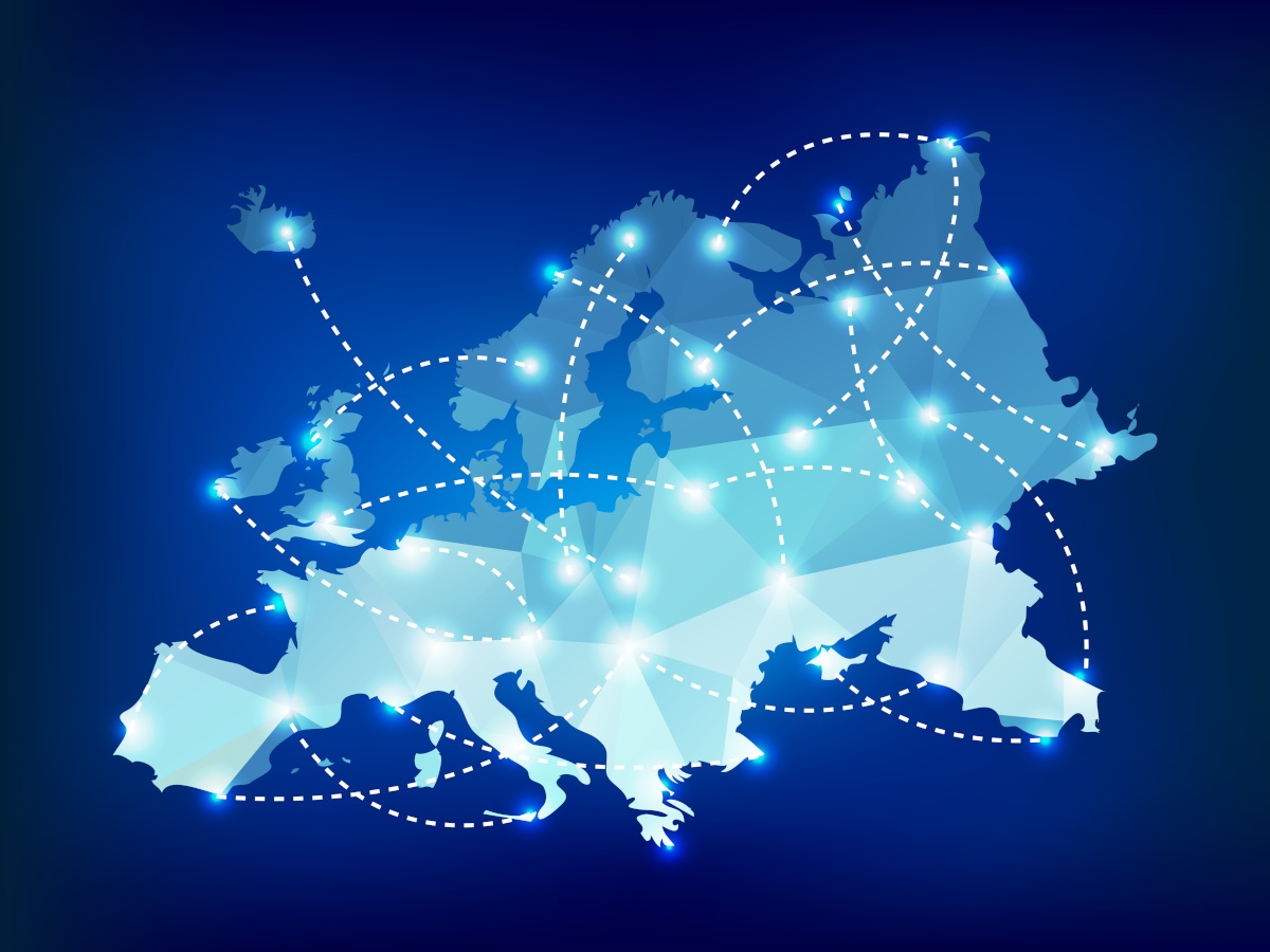 Europe map polygonal with spot lights places.
