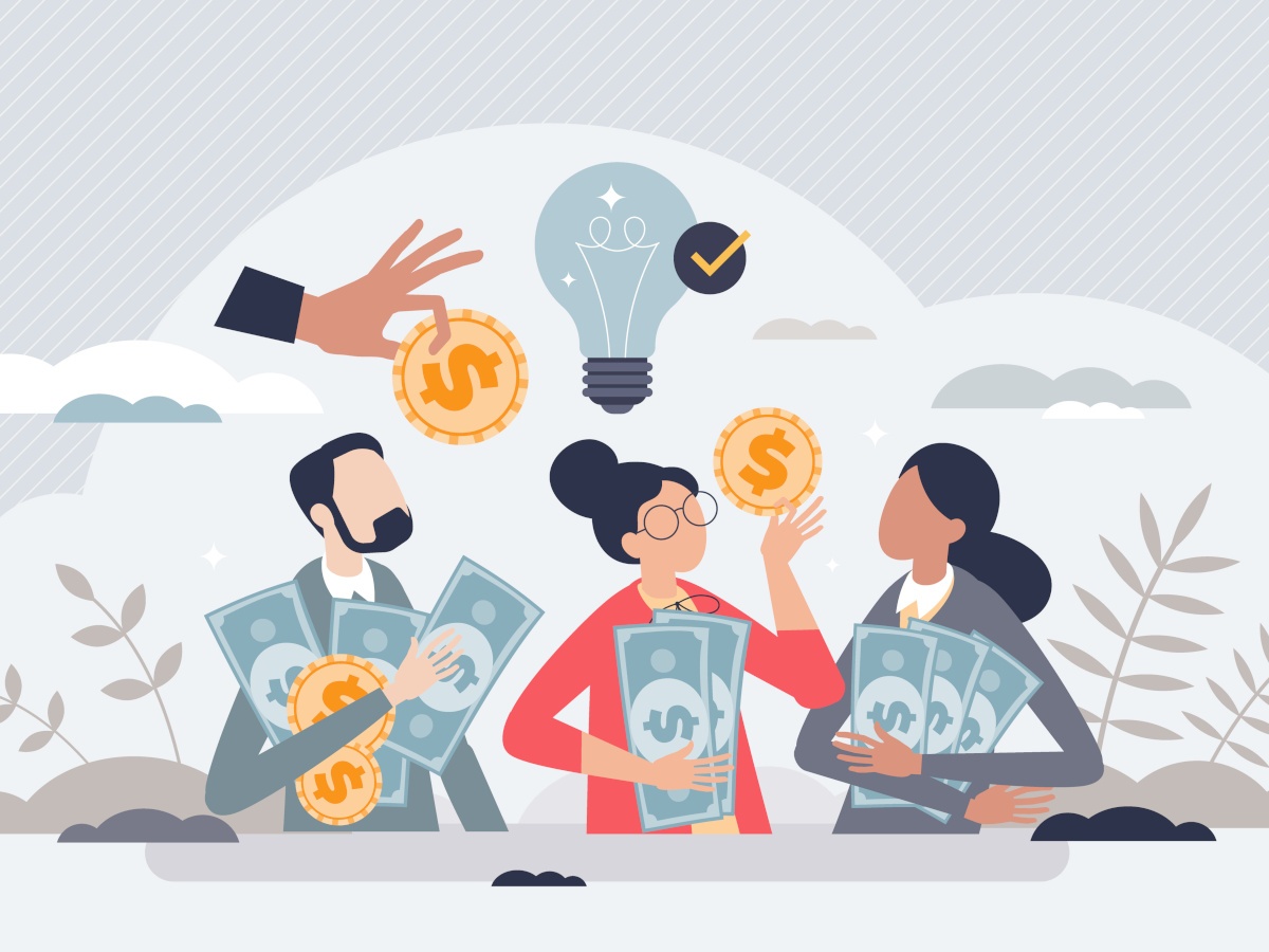 A cartoon group of male and female co-workers surrounded by coins, cash and a lightbulb moment representing funding.
