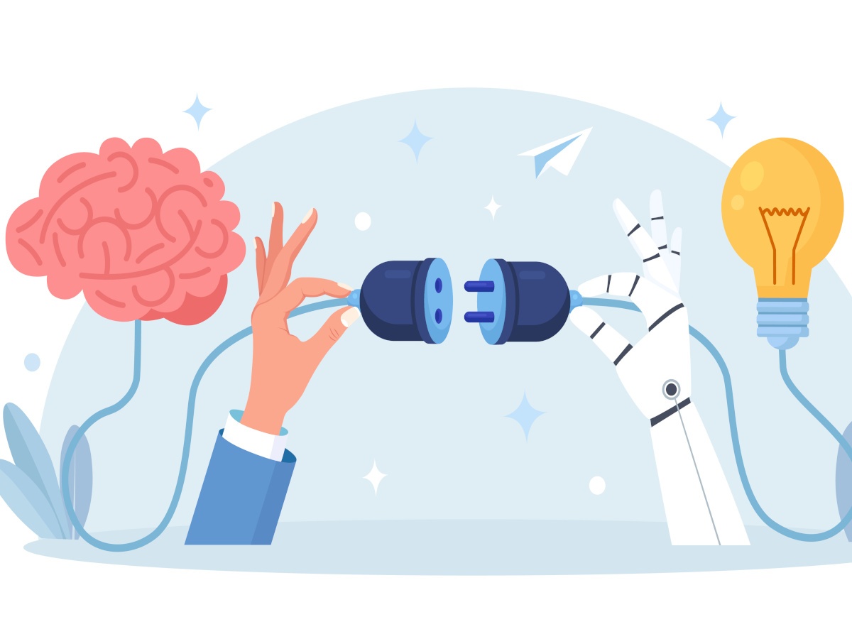 A hand connecting a plug to a brain and a an artificial hand connecting a plug to a light bulb meet in the middle.