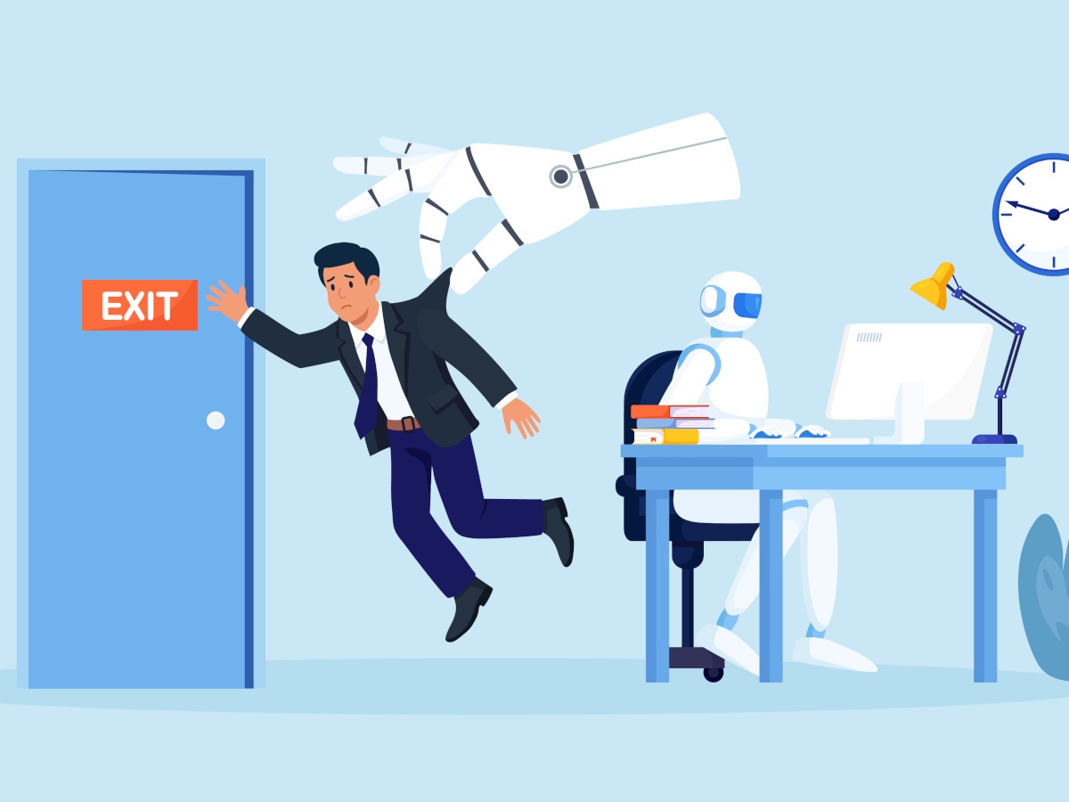 a cartoon AI arm holds up a business man and brings him to an exit, as an AI bot sits at a computer and works.