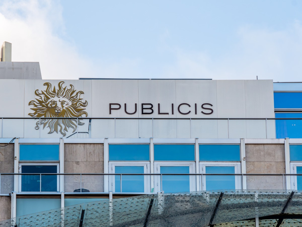 Publicis logo on a building taken from a low angle.