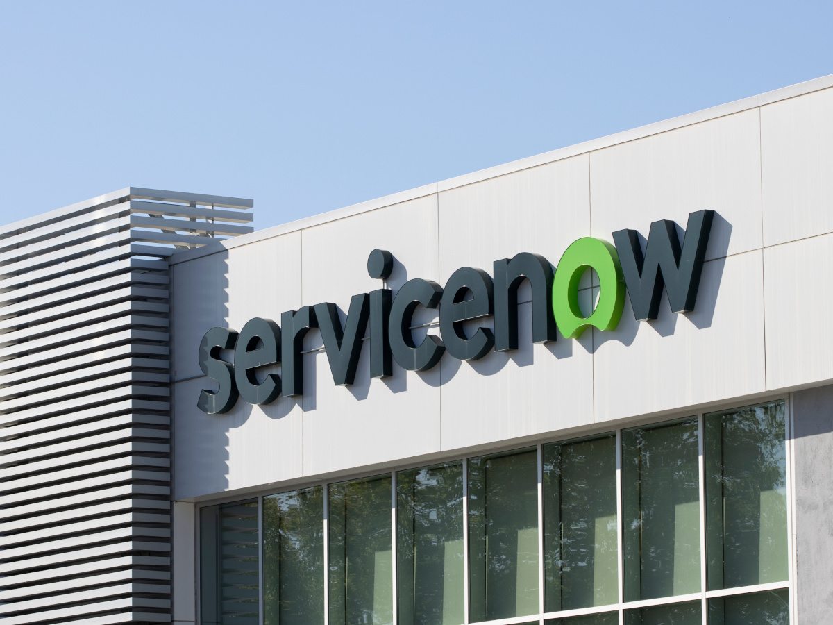 ServiceNow company logo on a building.