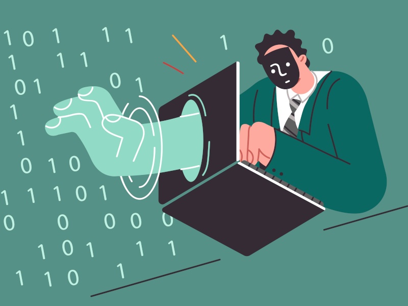 Man hacker penetrates protected space by sticking hand through laptop and stealing confidential data.