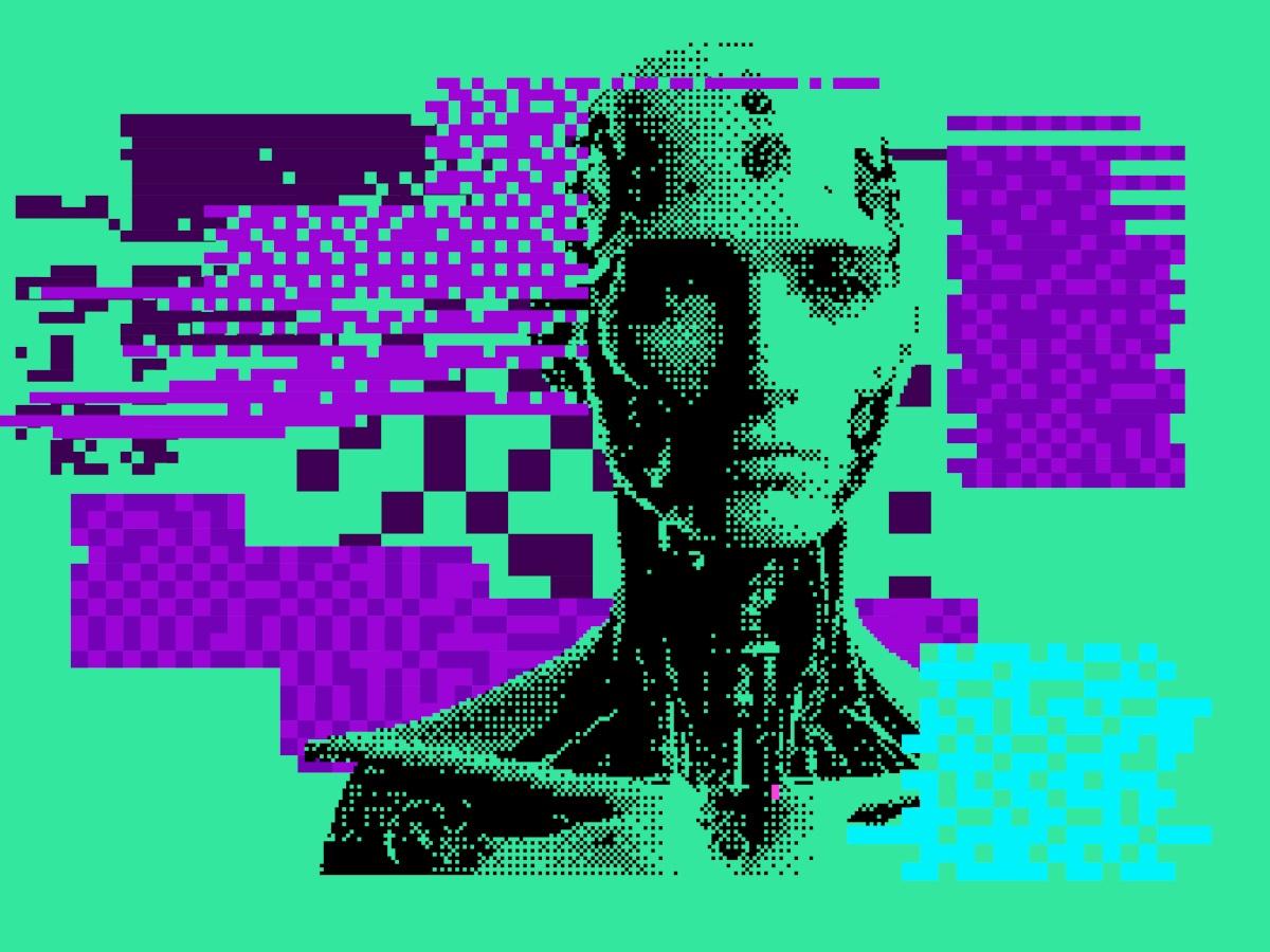 Humanoid robot on a glitchy background with pixel artefacts.
