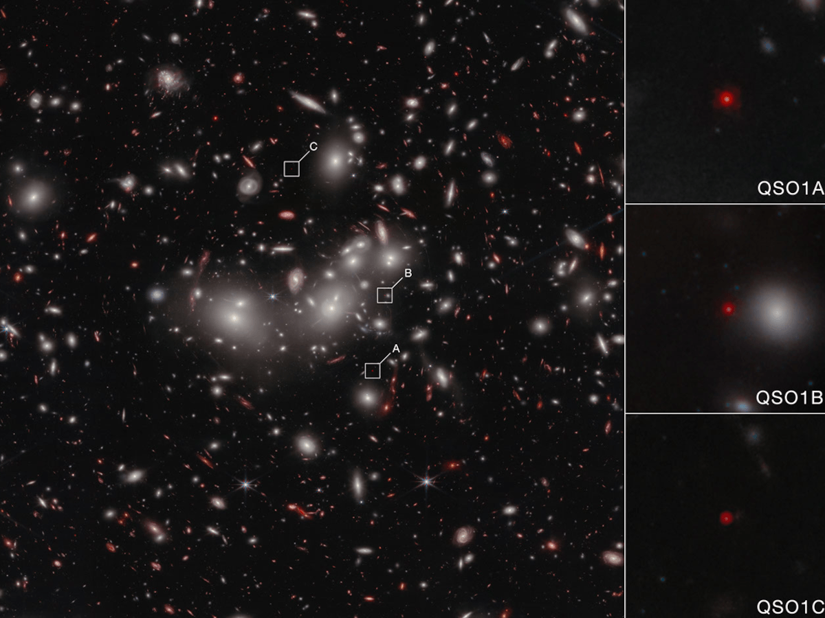 A multi-coloured image of white and red astro-materials against a dark galaxy background.
