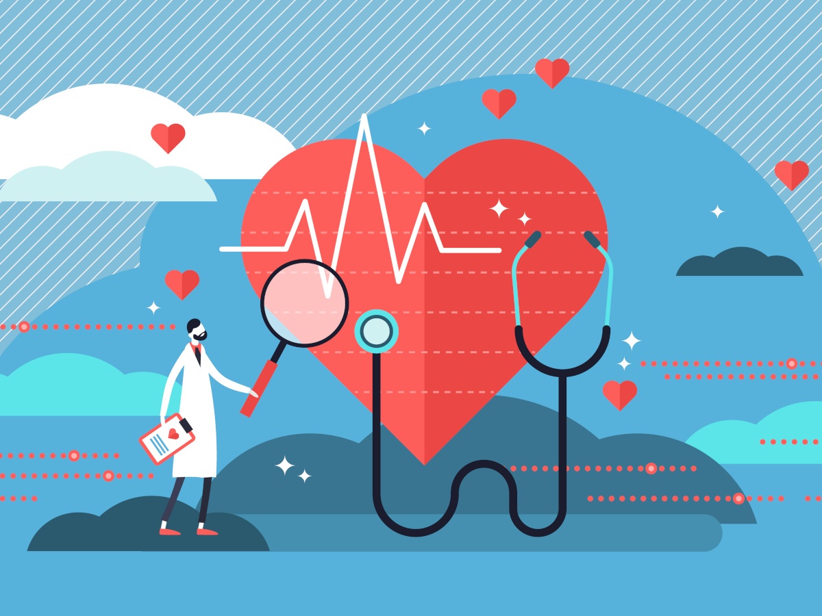 Cartoon heart and man surrounded my medical items and tech.