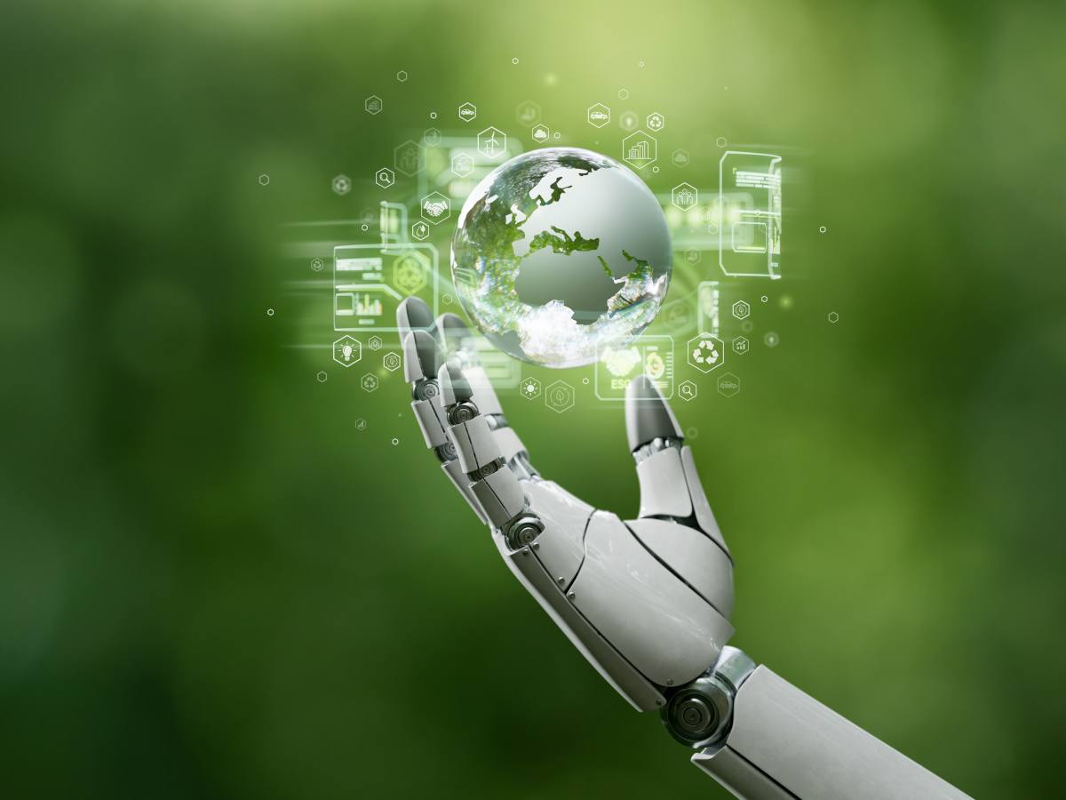 An AI hand holding a 3D rendering of the world, against a green background.