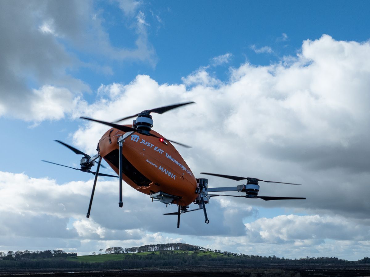 A drone with Just Eat Takeaway branding launching.