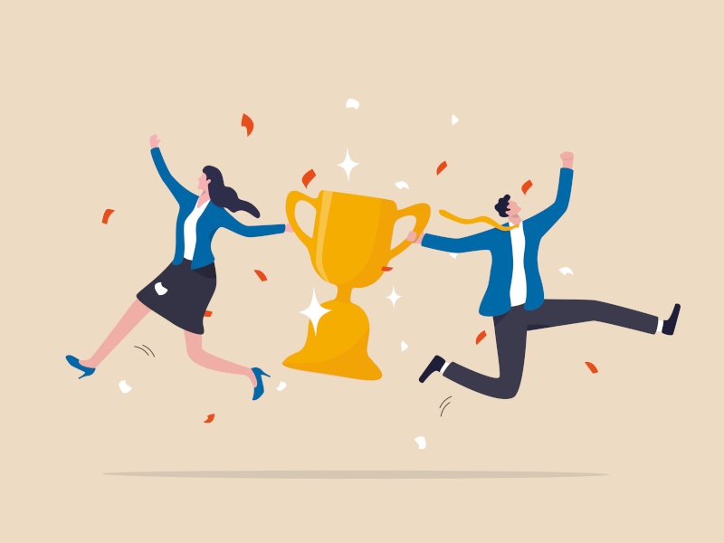 A cartoon man and woman run in opposite directions, each holding the handle of a large trophy.