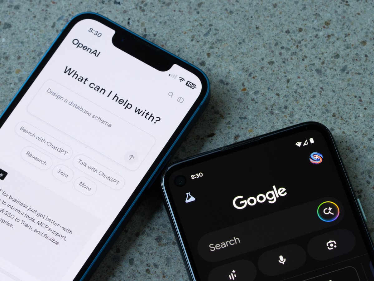 Two phones with writing representing Google and Open AI.