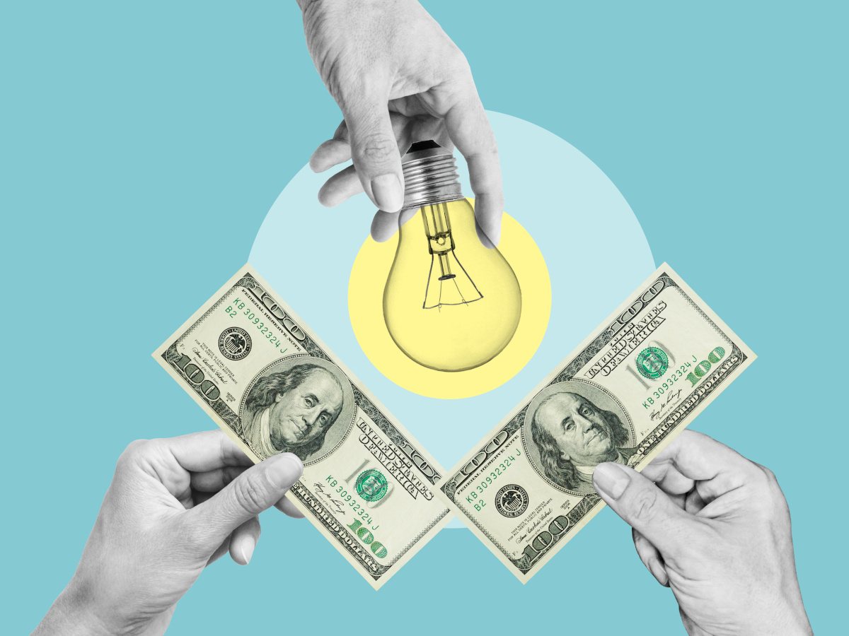 Hands emerging from underneath with notes and a hand emerging from the top with a bulb.