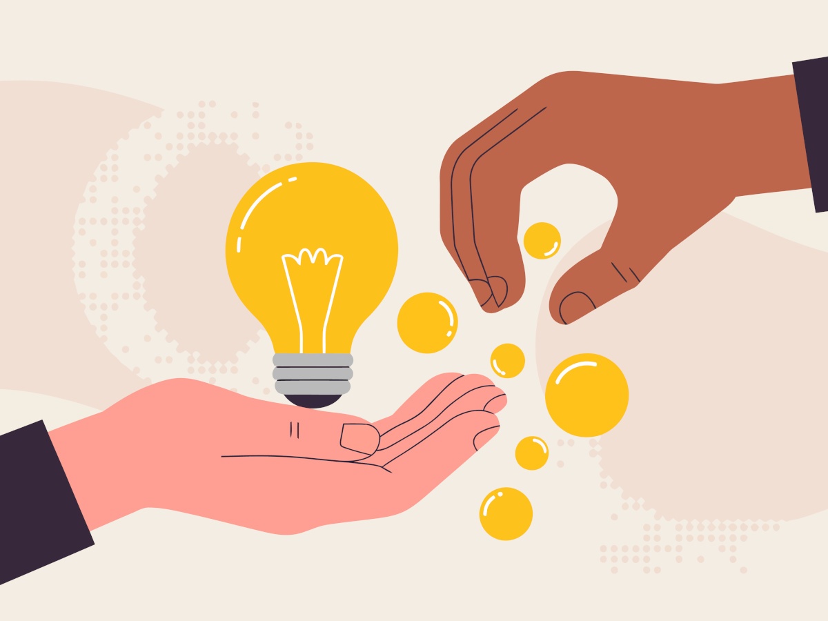 A black cartoon hand passes coins into a white hand, that is also holding a bulb.