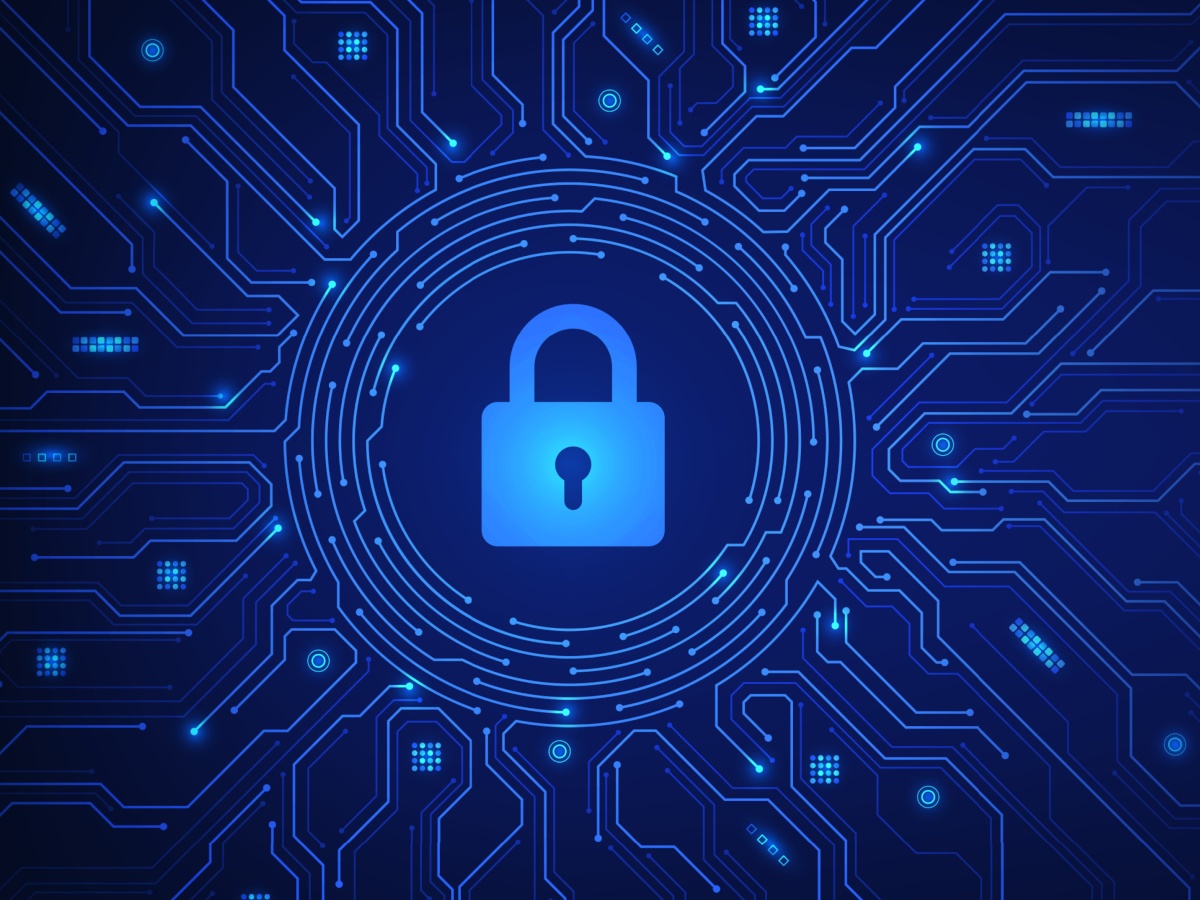 A blue coloured cartoon lock surrounded by digital symbolism.
