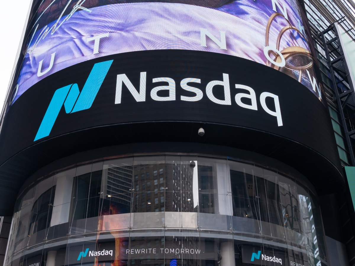 Nasdaq logo on front of Nasdaq building New York.