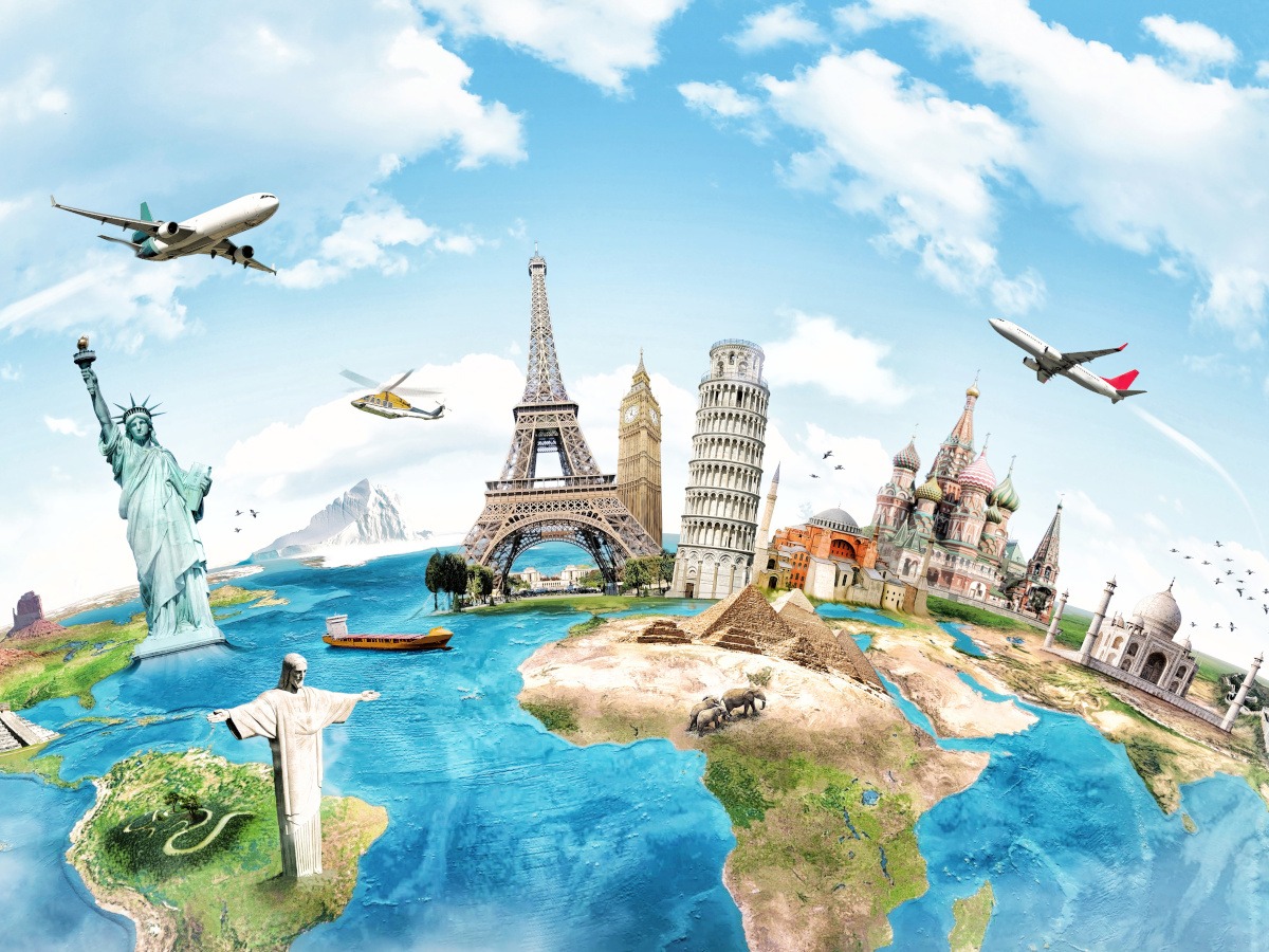 A cartoon of the world and various global landmarks, such as the statue of liberty and the Eiffel Tower.