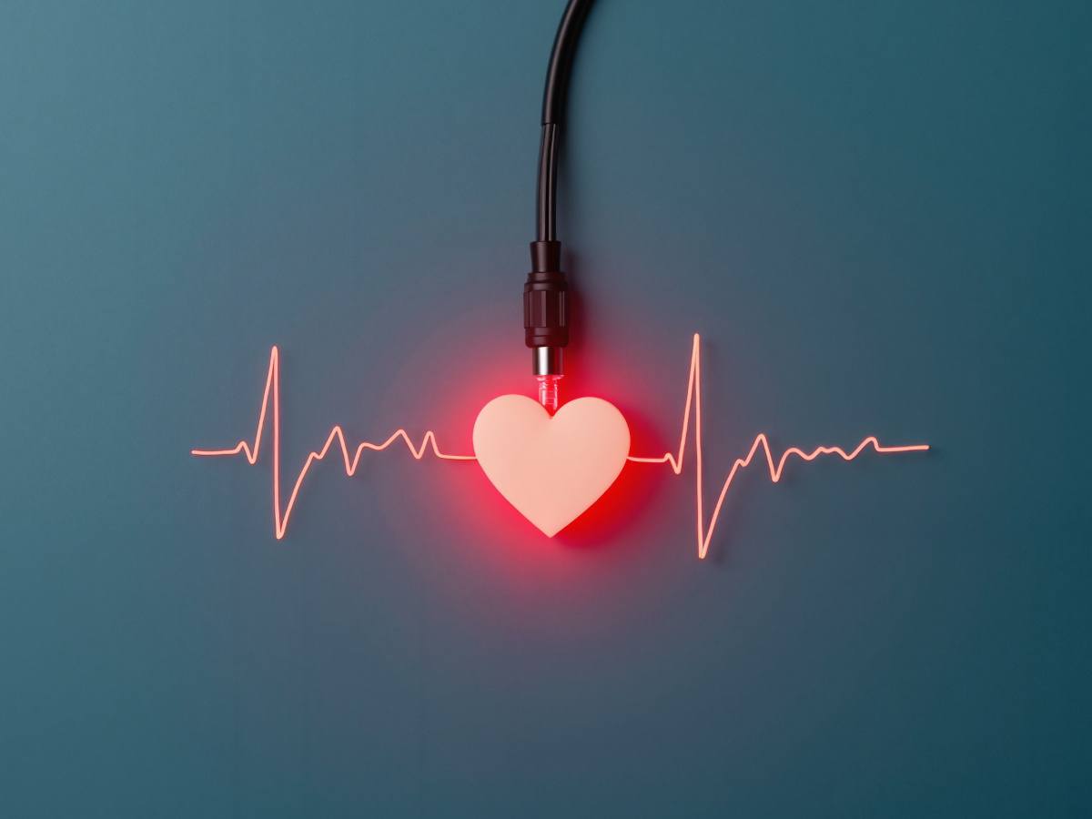 A picture of a wire plugged into an LED heart with heartbeat lines either side of the heart.