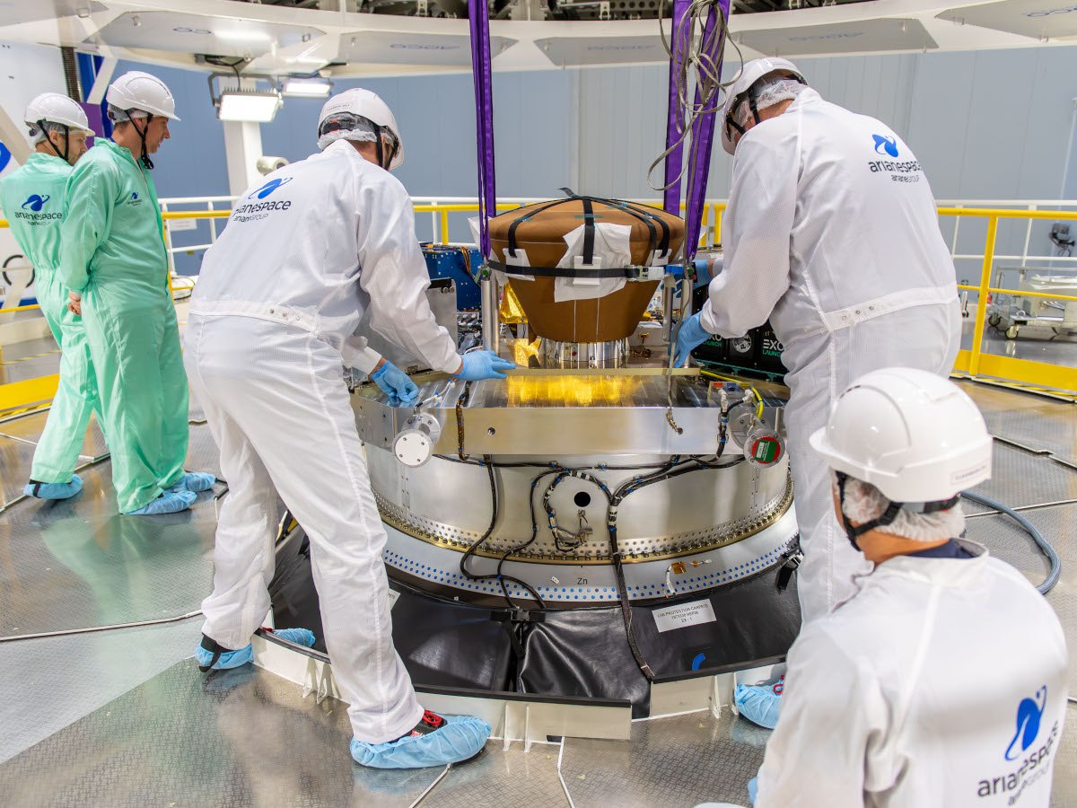 People wearing protective clothing to install components on a large space craft.