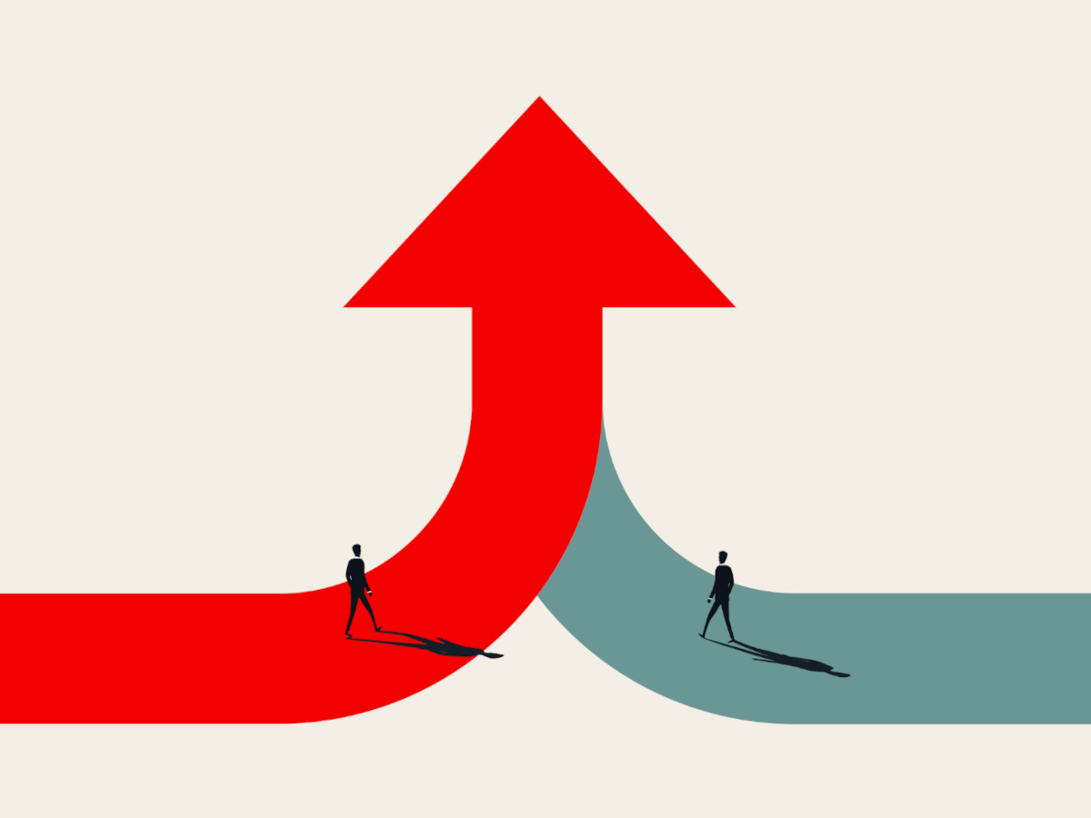 A red and grey arrow merge showing the acquisition of two organisations