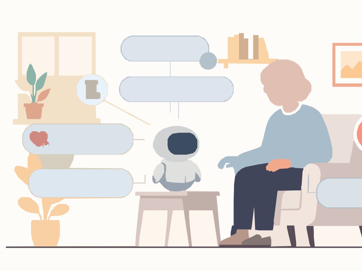 A cartoon of an older woman talking to an AI companion