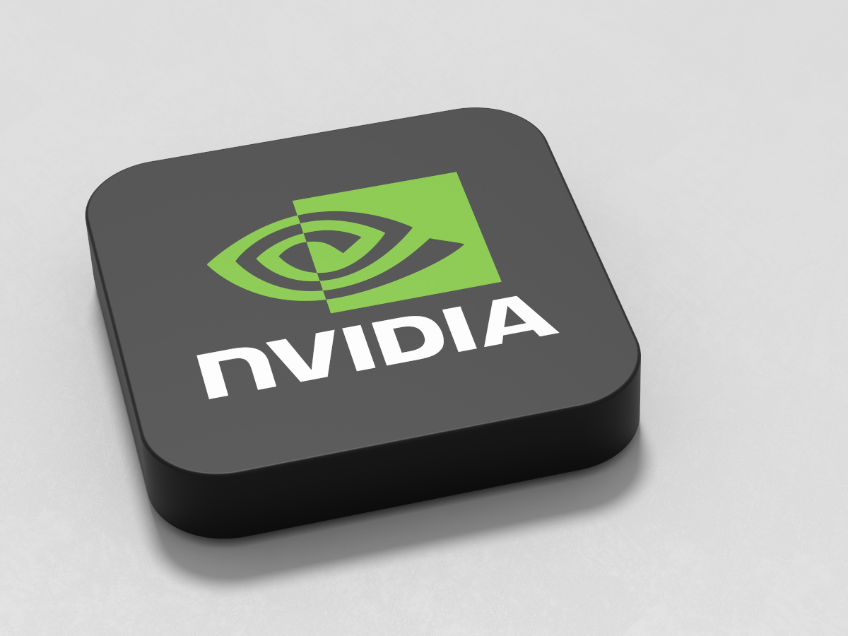 The green Nvidia logo on a black tile against a grey background.