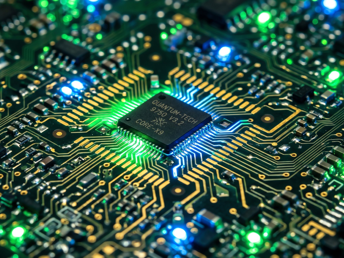 A colourful blue and green image of a semiconductor chip.