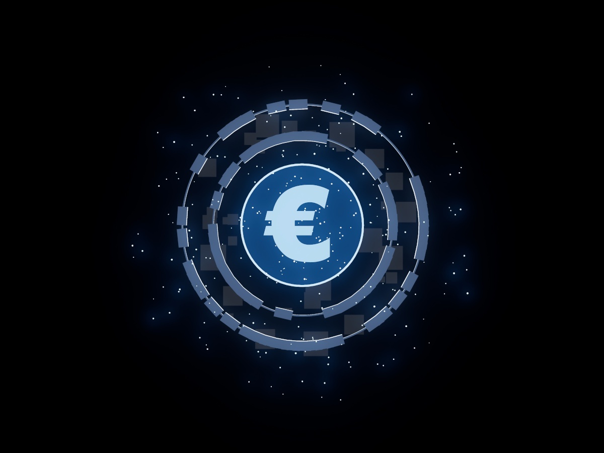 A digital image of a euro currency symbol on a circle surrounded by digital rings over a dark background.