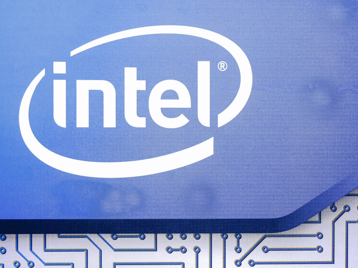 The Intel logo atop a branded semiconductor chip.