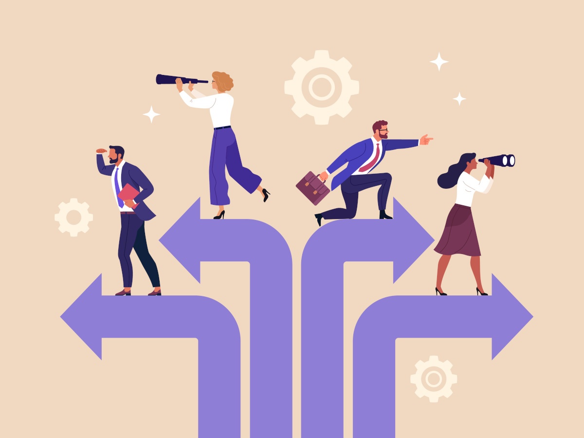 Four cartoon business people on diverting purple arrows looking at opportunities in the distance.