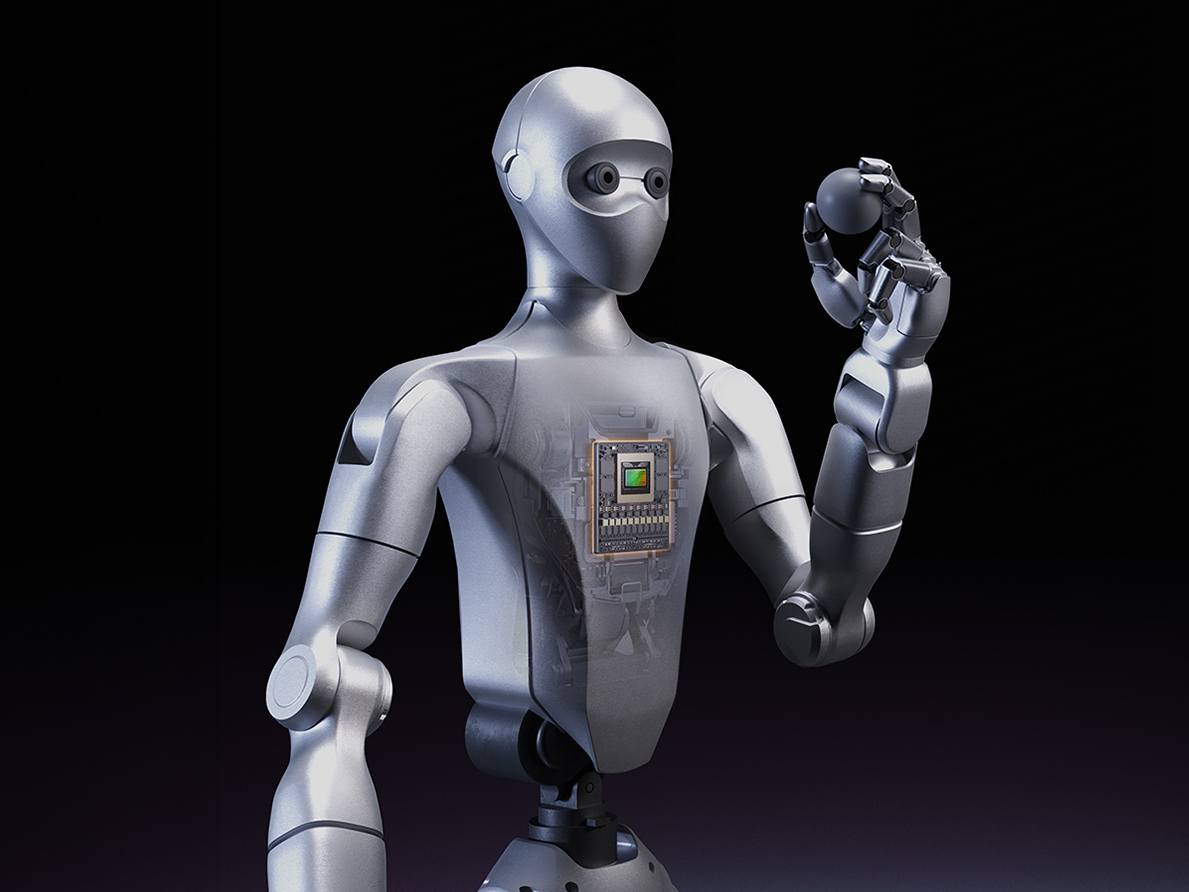A humanoid robot with a black background.