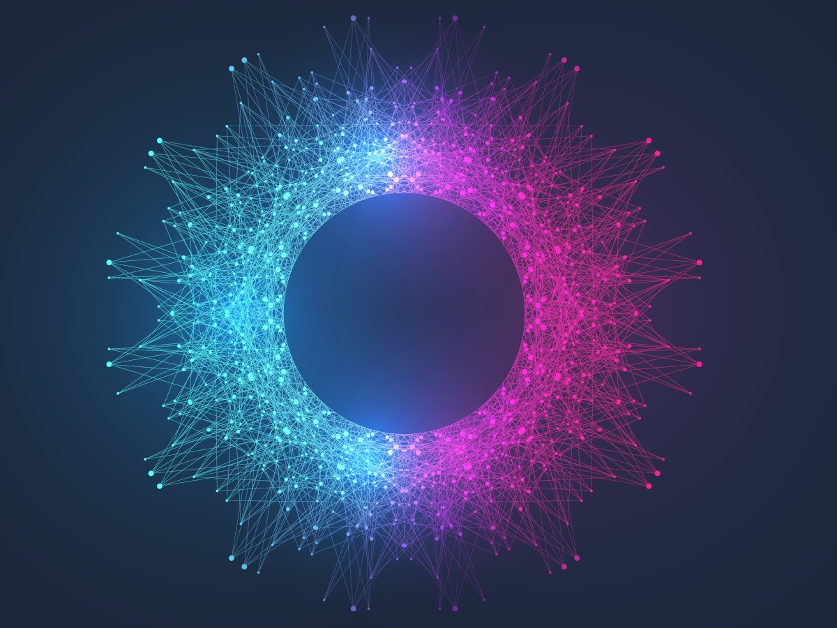Two bright colours, blue and pink, combining to represent quantum
