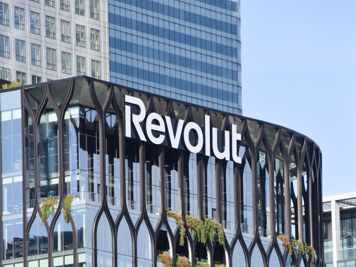 A picture of a high-rise office building with the Revolut name attached at the top.