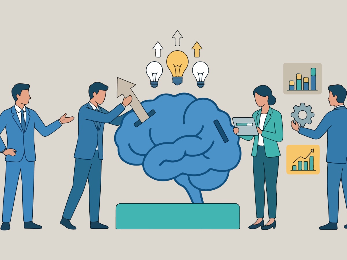 A cartoon of business people working on a brain overflowing with icons representing ideas.