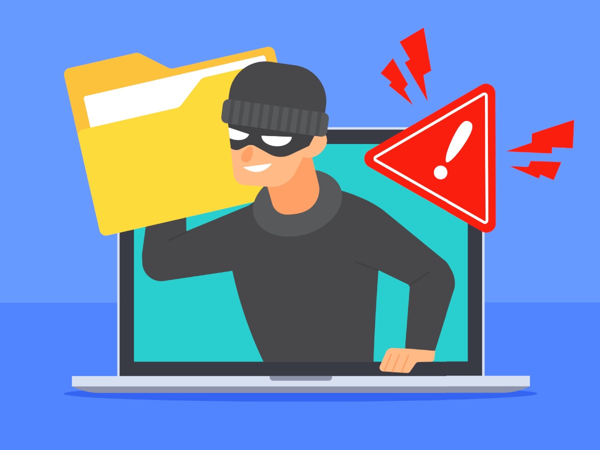 A vector image of a hacker stealing a yellow folder from a computer screen.